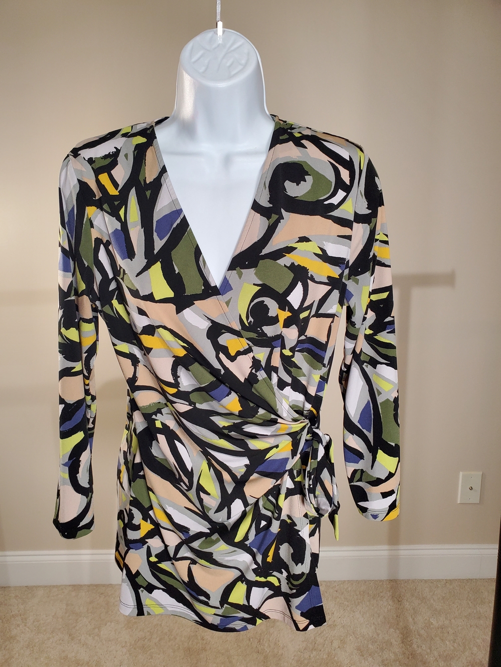 Anne Klein Faux Wrap Abstract Print Top Size M Multi Color